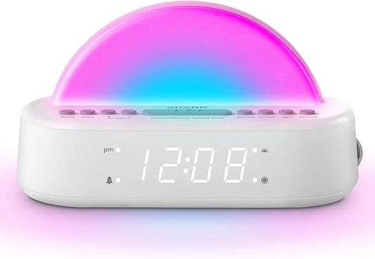 Sharp Sunrise Alarm Clock, Wake Up Gently with Sunrise/Sunset Simulation, Alarms, 5 Tranquil Sleep Aid Sounds, 8 Colors Night Light/Mood Light for Bedroom with 30/60/90 Timer