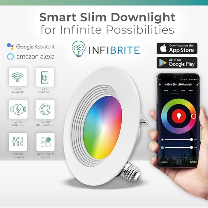 INFIBRITE 4 Inch Smart Recessed Light, Color Changing and Tunable White, WiFi Retrofit LED Downlight E26 Base, Compatible with Alexa Google, Dimmable, 810LM, CRI90, RGBCW, Wet Rated,(IB-003-1-9W-WH)