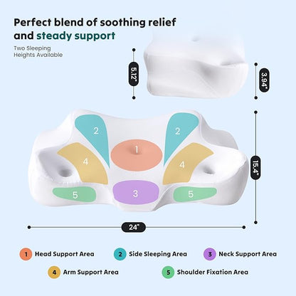 Sweetcrispy Cervical Pillow for Neck and Shoulder,Contour Memory Foam Pillow,Ergonomic Neck Support Pillow for Side Back Stomach Sleepers with Pillowcase, White