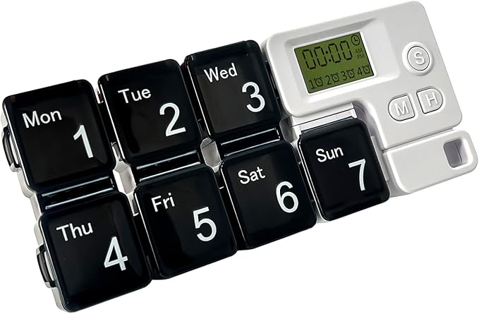 Automatic Pill Dispenser with Built-in Digital Clock & Reminder System Portable 7-Compartment Medicine Organizer with Flexible Design (Black, 5Compartments)