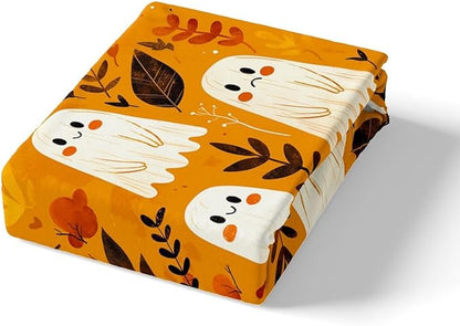 Halloween Ghost Bed Sheet Set Nature Botanical Leaves Graffiti Rustic Farmhouse Fitted Sheet for Ultra Soft Cartoon Cute Ghosts Orange Bedding Cover Set Room Decor Queen (No Flat Sheet)
