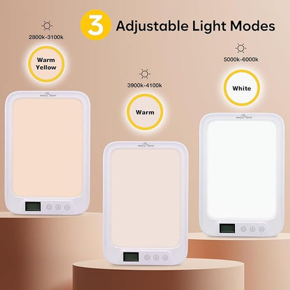 Easy@Home Light Therapy Lamp 10000 Lux: LED Light Therapy Energy Lamp UV-Free | Sun Lamp with 3 Color Adjustable Brightness Levels | Timer Memory Function ELT-492-WT