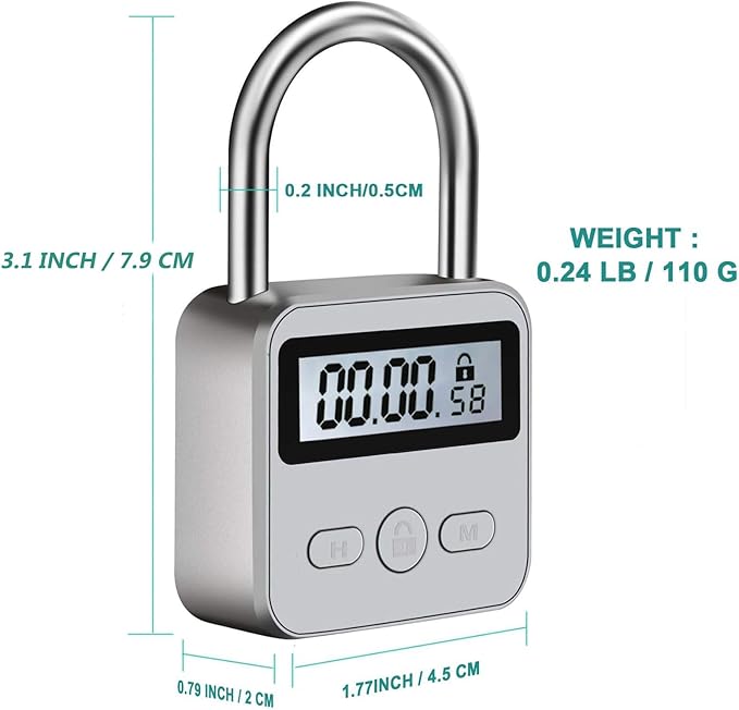 Metal Time Padlock - Time Management Tool Timer 99 Hours Max Timing with LCD Display Micro USB Rechargeable Silver
