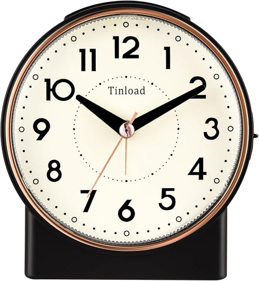 4.3" Retro Analog Alarm Clock, Vintage Decor, No Ticking Silent, Easy to Set, Gradual Rise Alarm, On/Off Switch on Side, Gentle Wake, Snooze, Lighted on Demand, Battery Operated, Retro Black