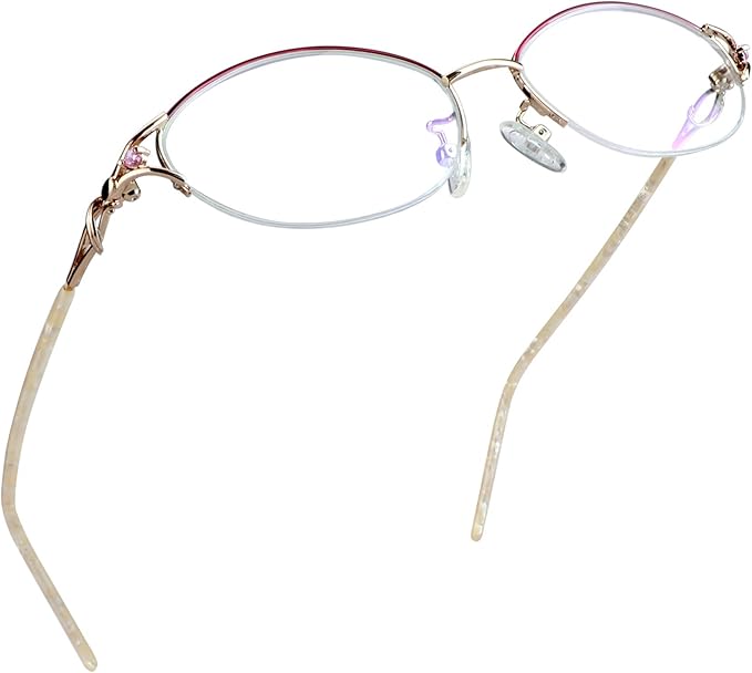 LifeArt Alloy Semi-Rimless Reading Glasses,Blue Light Blocking Glasses, Anti Eyestrain, Computer Gaming Glasses, TV Glasses for Women Men, Anti Glare (Red Gold, +1.50 Magnification)