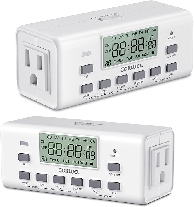 Digital Timer Switch - 2 Pack, 7 Day Programmable, 10 On/Off Settings, 24-Hour & 7-Day Programmable Electric Plug Timer