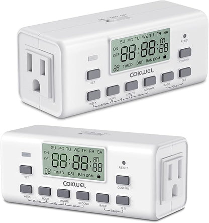 Digital Timer Switch - 2 Pack, 7 Day Programmable, 10 On/Off Settings, 24-Hour & 7-Day Programmable Electric Plug Timer