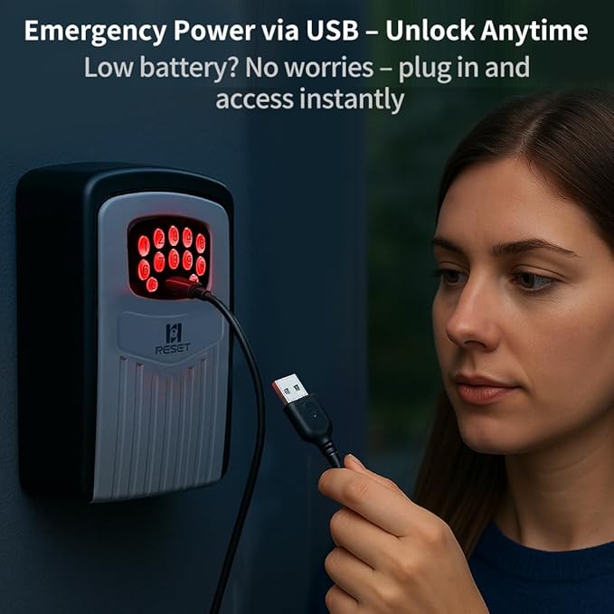 RESET-104 Bluetooth Key Lock Box – Weather-Resistant, IPX5,Durable Metal Construction, Backlit Keypad, Preset 6-Digit Code, Customizable to 8–10 Digits, Ideal for Outdoor Home or Office Use