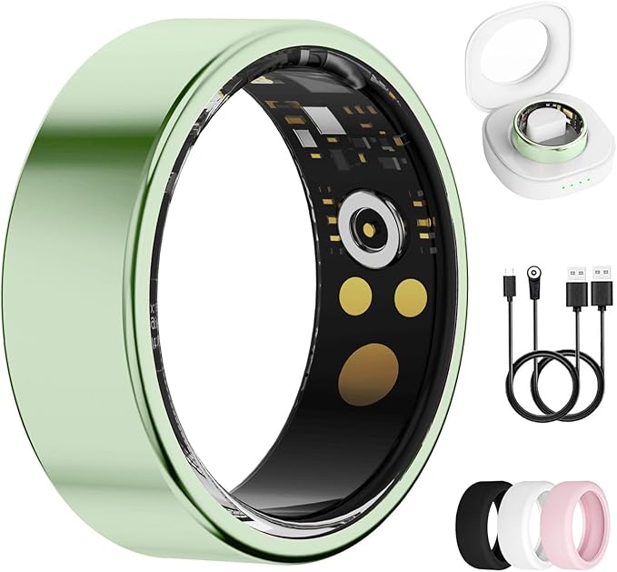 Smart Ring for Women & Men, Health Tracker Ring with Heart Rate, Blood Oxygen,Blood Pressure, IP68 Waterproof Fitness Ring, Sleep Tracker for iPhone and Android, No APP Fee (Green, 6#)