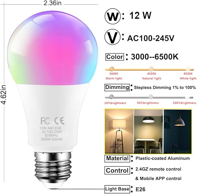 RGBCW LED Bulb with a 2.4GHz Remote Control, A60 12W 1000lm Color Changing Smart Light Bulb for Lamp, Bderoom, Mood Soothing,100W Equivalent,Dimmable 1% to 100% 3000-6500K,1 Bulb & Remote