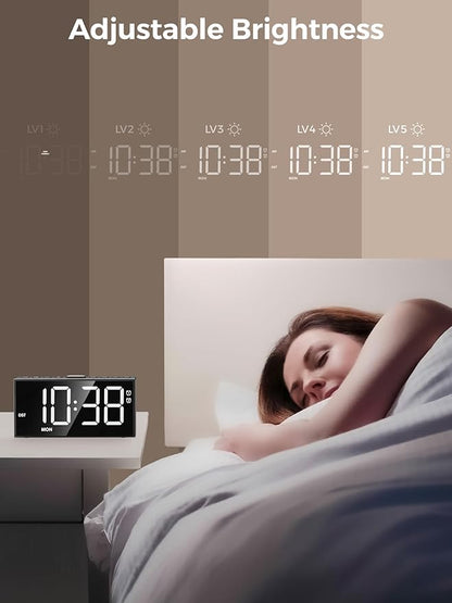 PPLEE Alarm Clock for Bedroom,Upgrade Digital Clock Large Bold Number,5 Level Brightness Volume,2 Alarms,Weekend Weekday Mode,Type C/USB Charger Port,Loud Table Clock with Power Off Memory for Any Age