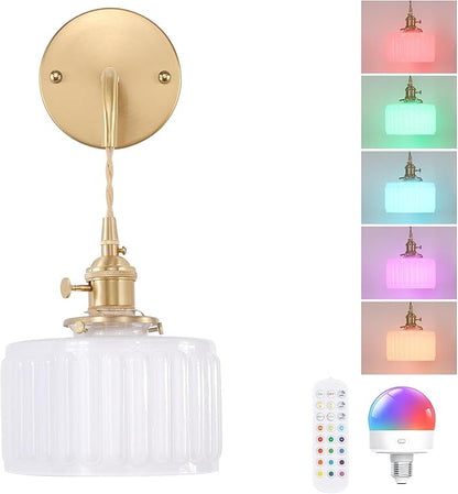 Battery Operated Wall Sconce with White Striped Shade Pattern Glass Adjustable Chain Retro Gold Wall Mounted Light, Modern Wall Lamp Fixtures Decor for Bedside Bedroom Indoor Doorway