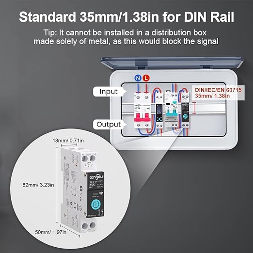 DIY 1P+N Smart Wi-Fi Switch, Work with Alexa and Google Assistant for Voice Control, 16A with Energy Monitor, Smart Life/Tuya APP Remote Control, Timer Functions, DIN Rail Mounted,FCC Certified