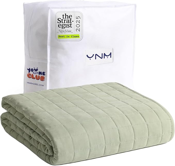 YnM Exclusive Weighted Blanket, Soothing Cotton/Polyester, Smallest Compartments, Bed Blanket for One Person of 140lbs, Ideal for Queen/King Bed (60x80 Inches, 15 Pounds, Avocado/White Reversible)
