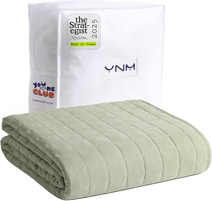 YnM Exclusive Weighted Blanket, Soothing Cotton/Polyester, Smallest Compartments, Bed Blanket for One Person of 140lbs, Ideal for Queen/King Bed (60x80 Inches, 15 Pounds, Avocado/White Reversible)