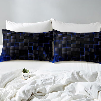 Manfei Geometric Sheet Set Full Size, Abstract Square Grid Bed Sheet Set 4pcs with Deep Pocket Fitted Sheet + Flat Sheet + 2 Pillowcases, Royal Blue and Black Bedding Set for Kids Boy Teen Room Decor