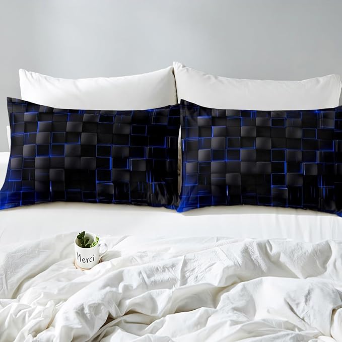 Manfei Geometric Sheet Set Queen Size, Abstract Square Grid Bed Sheet Set 4pcs with Deep Pocket Fitted Sheet + Flat Sheet + 2 Pillowcases, Royal Blue and Black Bedding Set for Kids Boy Teen Room Decor