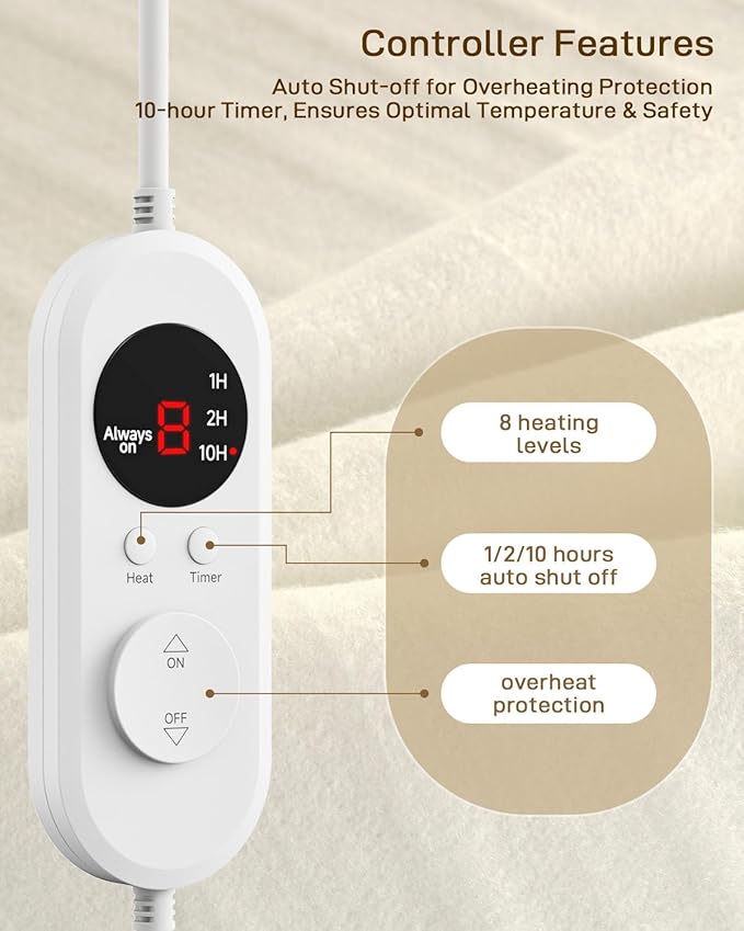 Heated Mattress Pad Queen Size - Electric Mattress Pad with Dual Control, Soft Blanket, Bed Warmer Heater Sheets, 8 Heating Settings,1/2/10 Hours Auto Shut Off, 60" x 80" Snow White