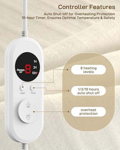 Heated Mattress Pad Queen Size - Electric Mattress Pad with Dual Control, Soft Blanket, Bed Warmer Heater Sheets, 8 Heating Settings,1/2/10 Hours Auto Shut Off, 60" x 80" Snow White