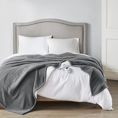 Serta Reversible Fleece to Sherpa Electric Blanket, Fast Heating, Auto Shut Off Timer, Multi Heat Setting, ETL Certified, Machine Washable, Grey Twin 84"x 62"