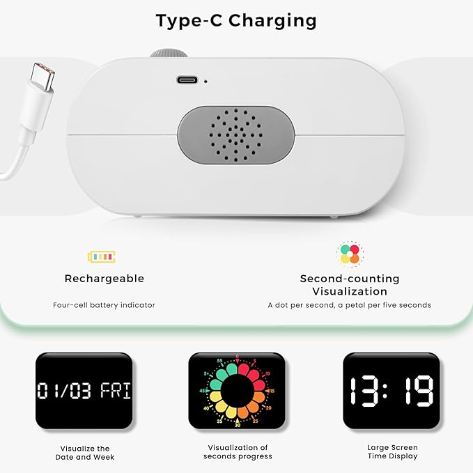 Mooking Alarm Clocks for Bedrooms, Digital Visual Timer for Kids, Rechargeable 199-Minute Silent Countdown Timers, Focus & Smoother Routines, Fitness Baking Studying Teaching