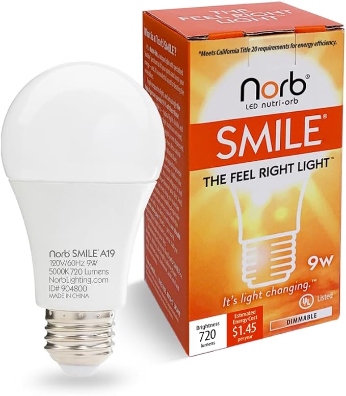 NorbSMILE Full Spectrum Light Bulb - Sunlike Premium A19 9W Wellness LED. Boosts Energy & Mood, Supports Circadian Rhythm, High Color Rendering, Imitates Sunlight Indoors, Energy Compliant (1-Pack)