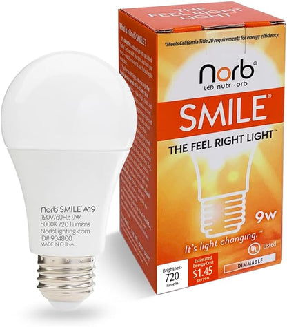 NorbSMILE Full Spectrum Light Bulb - Sunlike Premium A19 9W Wellness LED. Boosts Energy & Mood, Supports Circadian Rhythm, High Color Rendering, Imitates Sunlight Indoors, Energy Compliant (1-Pack)