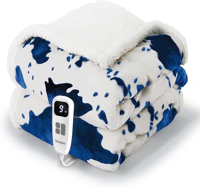 Heated Blanket Throw Blanket - Fast Heating Electric Blanket, Soft Flannel Heated Throw with 4 Time Settings,10 Heating Settings, Warm Gifts for Women & Mom & Grandma(50"x60"Cow Print Blue)