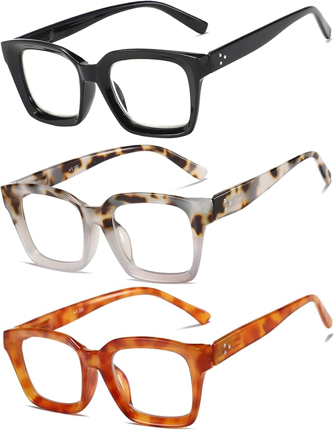 3 Pack Oversize Square Design Reading Glasses for Women, Blue Light Blocking Computer Reader（Black & Gray & Yellow Leopard+2.00）