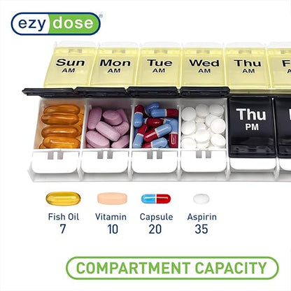 EZY DOSE Push Button (7-Day) Pill Case, Medicine Planner, Vitamin Organizer, 2 Times a Day, AM/PM Container, X-Large Compartments, Arthritis Friendly, Easy to Use, Clear Lids, Blue/Yellow, BPA Free