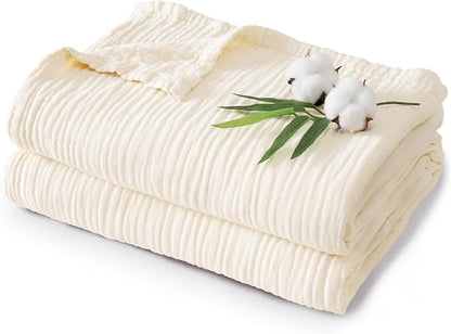PHF Cooling Muslin Queen Blanket for Hot Sleepers, 60% Rayon Derived from Bamboo, 40% Cotton for Summer, 4-Layer Breathable Gauze Blanket for Bed Couch, 90"x90", Natural/Shortbread