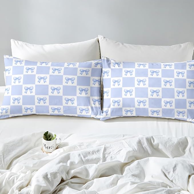 Princess Bowknot Bed Sheet Set Home Decor Dreamy Blue Bow-tie Girly Bow Sheet Sets Deep Pocket,Geometric Grids Plaids Patchwork Blue White Mattress Cover,Twin Size with 1 Pillowcase