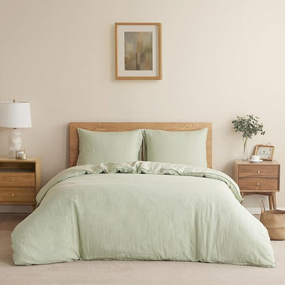 DAPU 100% Linen Duvet Cover Set - Pure Natural French Flax Linen with Corner Ties and Zipper Closure Soft Breathable Durable for Hot Sleepers 1 Duvet Cover 2 Pillowcases (Sage Green, Queen/Full)