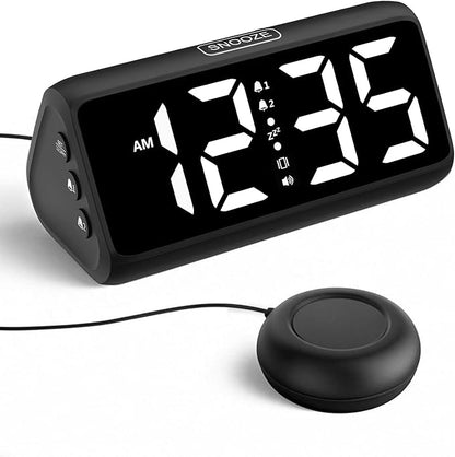 Netzu Loud Alarm Clock for Heavy Sleepers, Plug-in Alarm Clocks with Bed Shaker, 5 Dimmers, 2 Alarms, 4 Volumes and Snooze for Bedrooms Hearing Impaired Deaf Adult (Black and White)