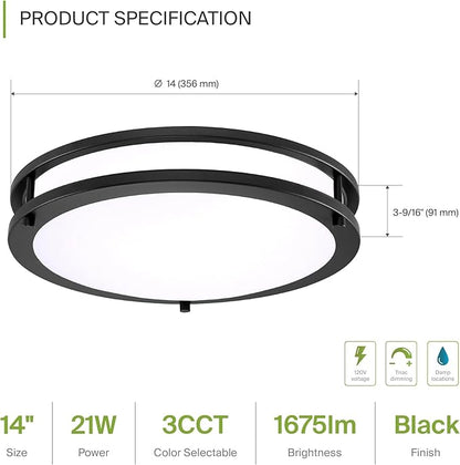ASD LED 14" Round Flush Mount Lighting, Close to Ceiling Light Fixture | 3CCT, Dimmable, Energy Star, ETL Listed | 21W 1675LM 3000-5000K 120V | Low Profile Double Ring Lamp | Black