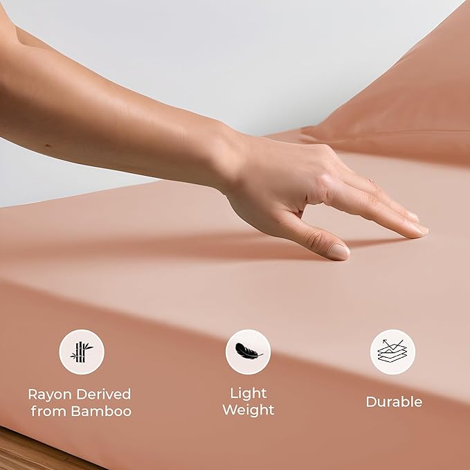 LINENWALAS Fitted Sheet Only Viscose Derived from Bamboo, Bottom Sheet for California King Size Bed – 16” Deep Pocket, Snug Fit – Cooling, Breathable, Soft, Hypoallergenic (Rose Gold, Cal King)