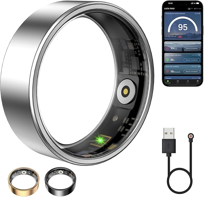 Smart Ring for Women & Men, Fitness Tracker with Heart Rate, Blood Oxygen, Sleep Monitoring, Long-Lasting Battery, IP68 Waterproof (Silver, 7)