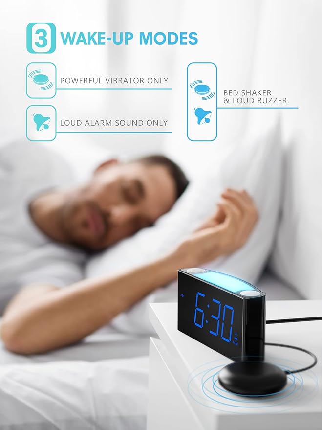 ROCAM Extra Loud Alarm Clock with Bed Shaker, Vibrating Alarm Clock for Heavy Sleepers Deaf Hearing Impaired, 7" Large Display, Dual USB Charger, 7 Color Night Light, Dimmer, Snooze & Battery Backup