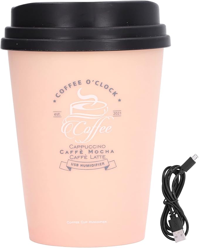 Mini Portable 300ml Humidifier, USB Coffee Cup Low Noise Desk Humidifier Lightweight Space Saving Car Humidifiers for Bedroom Office Travel Home (Pink)