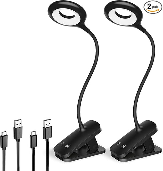 2 Pack Clip on Reading Light for Bed Headboard, Battery Rechargeable Large Clamp Bed Lamp - 5 Colors 5 Brightness, Flexible Arm Book Light at Night for Kids Bunk Desk Metal Bed Frame