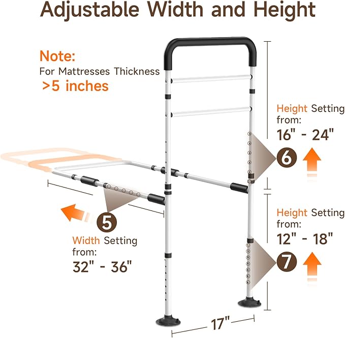 WAYES Bed Rails for Elderly Adults Safety, Adjustable Bed Assist Rail Handle with Leg for Seniors, Handicap, Disabled, Fall Prevention Hand Guard Grab Bar Bed Cane, Fit King, Queen, Full, Twin