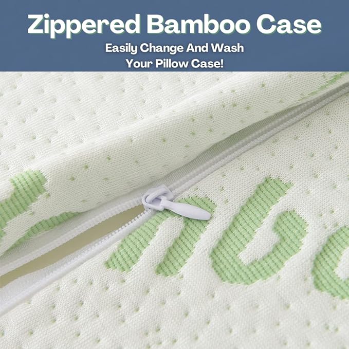 Memory Foam Rayon Bamboo Pillows Queen Size Set of 2 for Sleeping [Adjustable] - Cool & Breathable Cover with Zipper Rayon Bamboo Pillowcase - Relieves Neck Pain - Back/Stomach/Side Sleeper