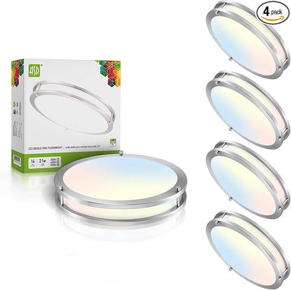 ASD LED 14" Round Flush Mount Lighting, Close to Ceiling Light Fixture | 3CCT, Dimmable, Energy Star, ETL Listed | 21W 1675LM 3000-5000K 120V | Low Profile Double Ring Lamp | Nickel, 4 Pack