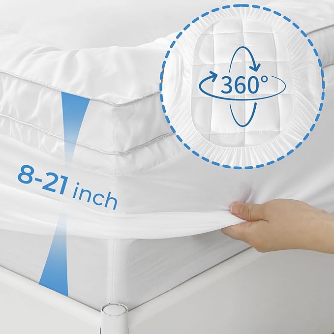 YUGYVOB King Mattress Topper - 800GSM Extra Thick Cooling & Breathable Mattress Pad with Deep Pocket 8"-21" & Soft Down Alternative Filling, White