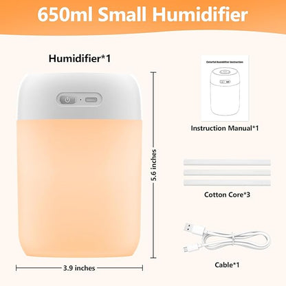 Portable Mini Humidifier, 650ml, Colorful LED Light & Warm Light, Cool Mist, USB, Personal Mini Humidifier for Desktop, Bedroom, Office, Home, Travel, Plants (White)