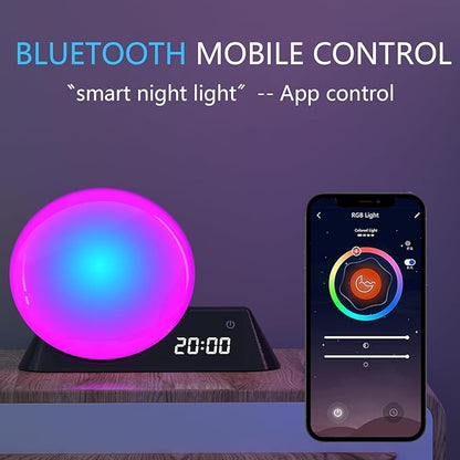 Smart Sunrise Alarm Clock, Wake Up Light with APP & Remote Control, 12 Soothing Sounds Machine, 9 Dynamic RGB Light Scenes, Sleep Aid & Dual Alarms for Heavy Sleepers, Ideal for Gift