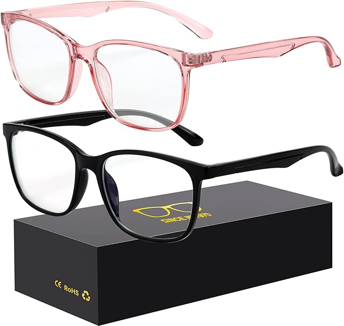 Blue-Light Blocking Glasses Computer Reading/Gaming/TV/Phones Glasses Fashion Anti Eyestrain UV Glasses for Women Men(B7 Black + Pink)