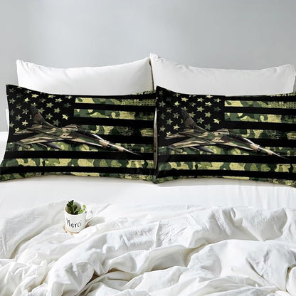 Manfei Aircraft Sheet Set Full Size, Army Camouflage Airplane Bed Sheet Set 4pcs with Deep Pocket Fitted Sheet + Flat Sheet + 2 Pillowcases, Green Camo American Flag Bedding Set for Kids Boys Adults