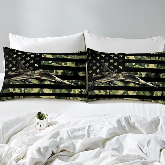 Manfei Aircraft Sheet Set Queen Size, Army Camouflage Airplane Bed Sheet Set 4pcs with Deep Pocket Fitted Sheet + Flat Sheet + 2 Pillowcases, Green Camo American Flag Bedding Set for Kids Boys Adults