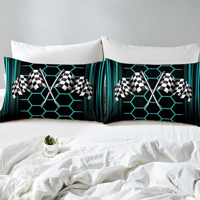 Neon Lines Honeycomb Geometric Bedding Set Full Size,Racing Car Theme Fitted Sheet,Checkered Flag Sheet Set for Kids Teens Adults Bedroom Decor,2 Pillowcases